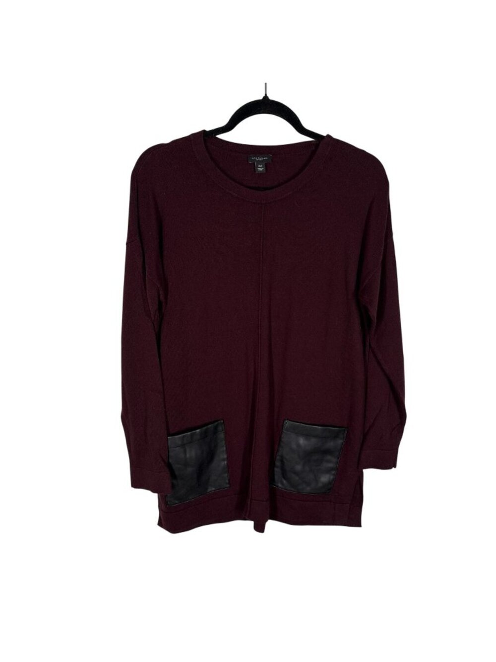 Ann Taylor Women Sz XS/S Burgundy with Black Faux Leather Pocket L/S Sweater